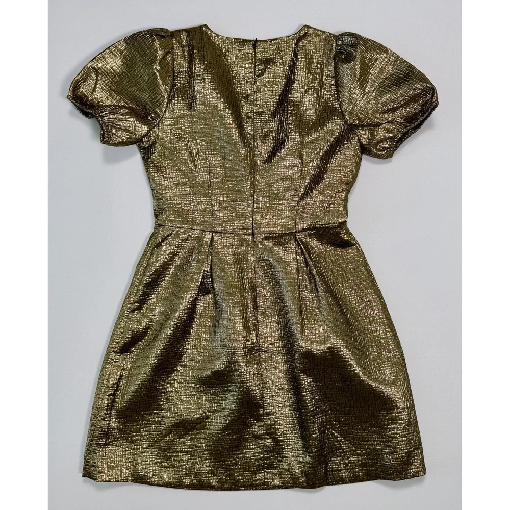 LOFT Metallic Jacquard V-Neck Puff Sleeve Mini Flare Dress Women's Size 2 Gold‎